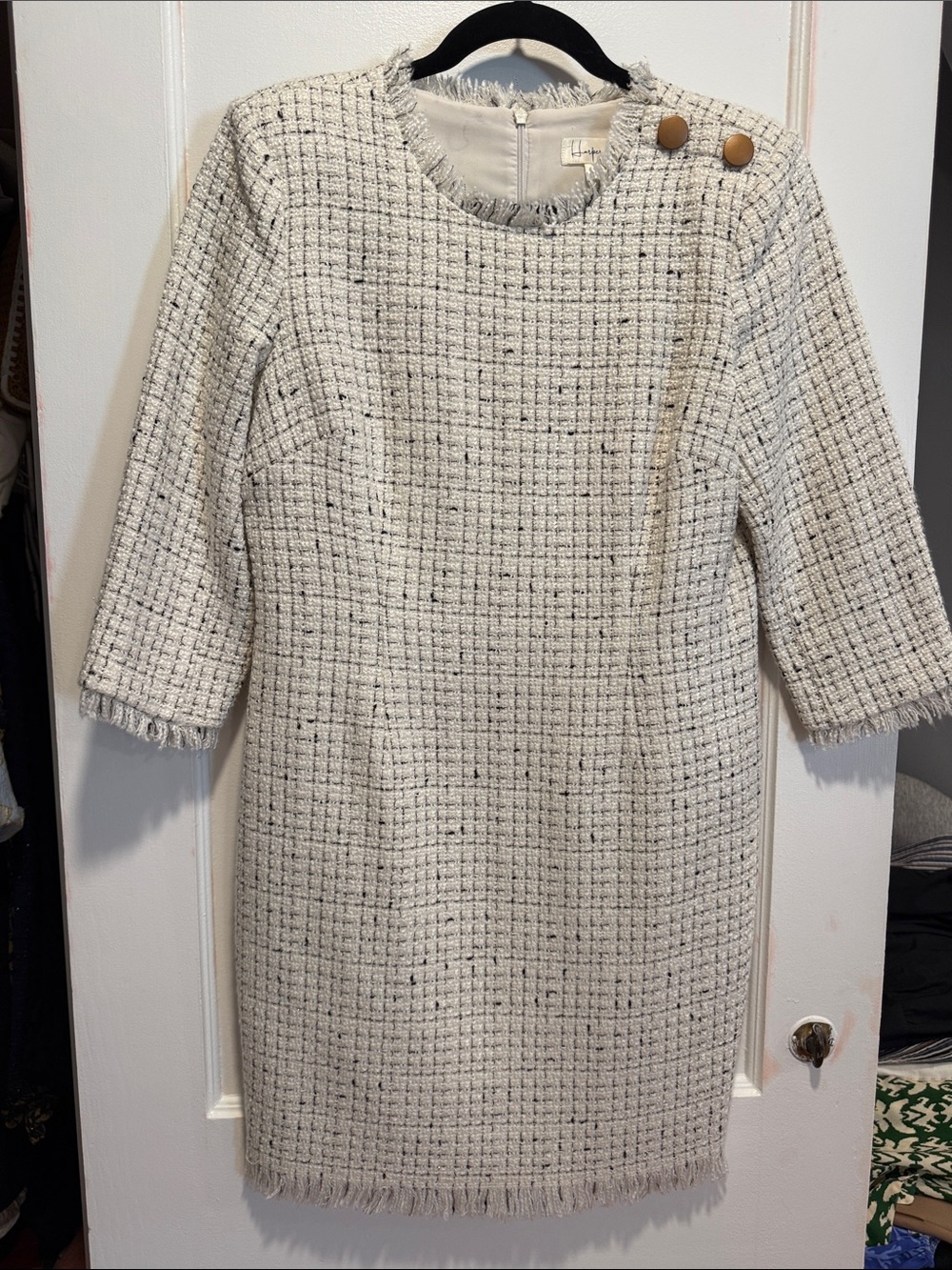 Fringed Tweed Sheath Dress in Cream